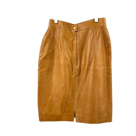 Escada Dresses & Skirts - Vintage ESCADA Skirt Cognac Brown Leather High Waist Pencil Knee High Sz 34 US S